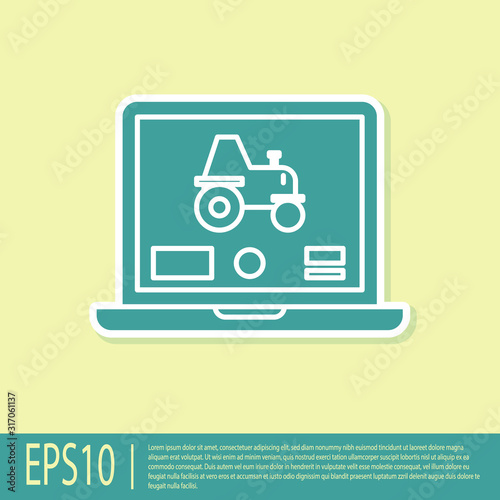 Green Laptop application for control a autonomous tractor on a smart farm icon isolated on yellow background. Smart agriculture implement. Vector Illustration
