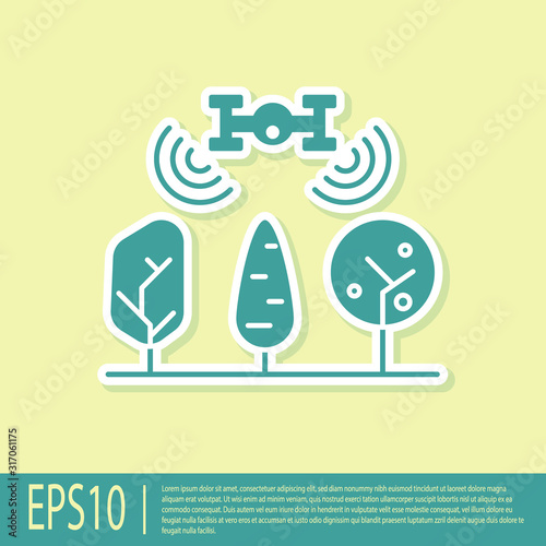 Green Smart farm with drone control and tree icon isolated on yellow background. Innovation technology for agricultural company. Vector Illustration