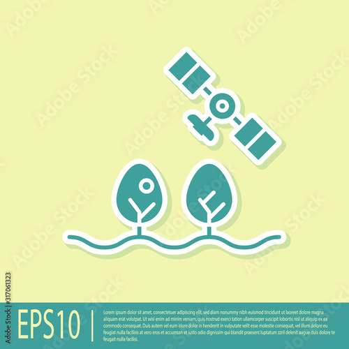 Green Smart farm with drone control and tree icon isolated on yellow background. Innovation technology for agricultural company. Vector Illustration