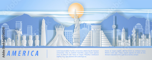 america famous landmark paper art style with blue and white color,vector illustration