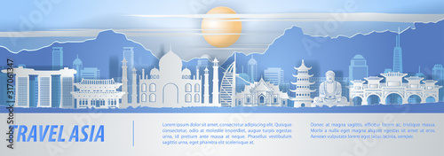 Asia famous landmark paper art with orange blue and white color design,vector illustration