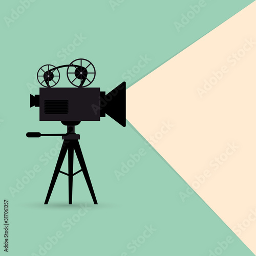 Movie time flat concept background. Retro camera film tape with a ray of light on a blue background for your design, vector illustration