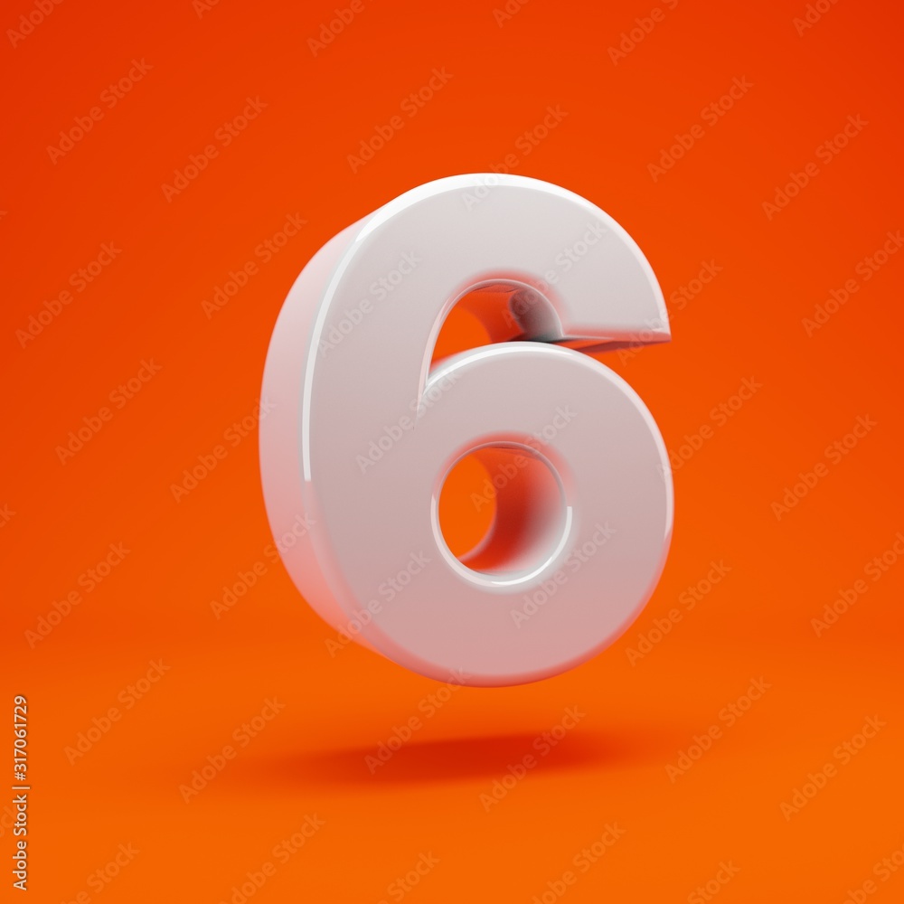 Whithe glossy 3d number 6 on hot orange background Whithe glossy 3d number 6 on hot orange background