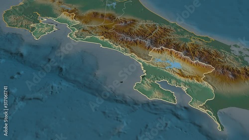 Puntarenas, province with its capital, zoomed and extruded on the relief map of Costa Rica in the conformal Stereographic projection. Animation 3D photo