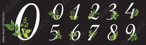 Collection romantic white numbers with drawn watercolor leaves. Elegant digits for book design, brand name, wedding invitation thanks card on black background