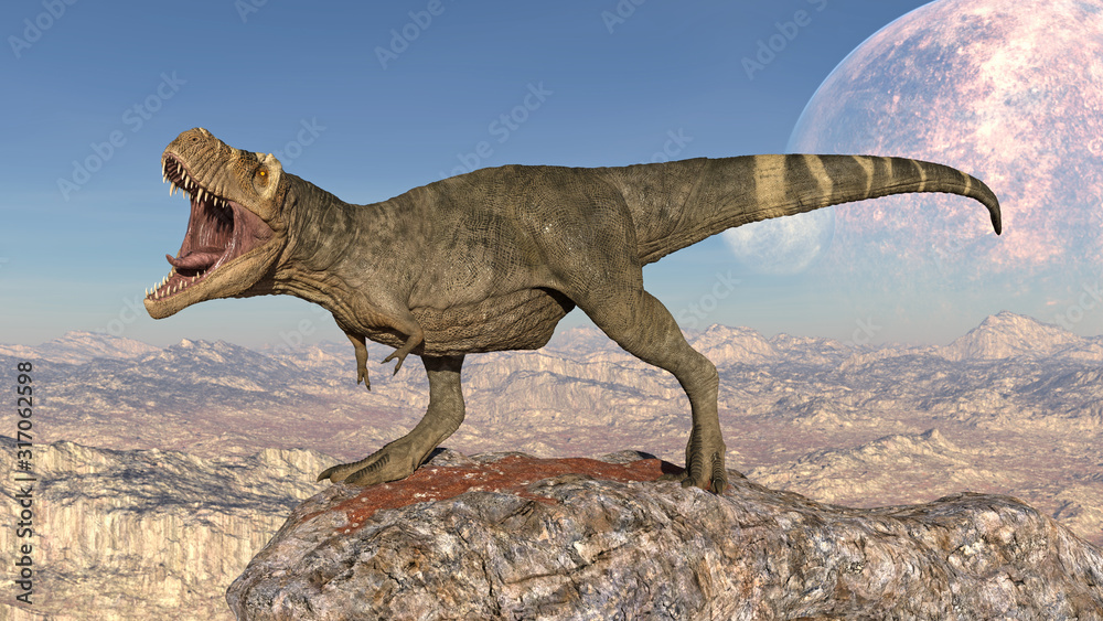 T-Rex Dinosaur, Tyrannosaurus Rex reptile running, prehistoric Jurassic  animal in deserted nature environment, 3D illustration Stock Illustration