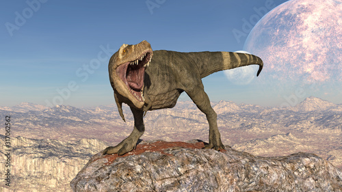 Fototapeta Naklejka Na Ścianę i Meble -  T-Rex Dinosaur, Tyrannosaurus Rex reptile walking on rock, prehistoric Jurassic animal in deserted nature environment, 3D illustration