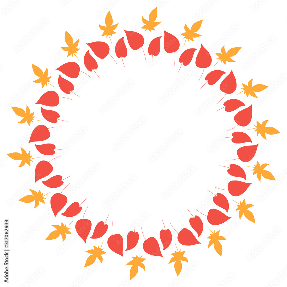 Round frame with cozy vertical red and orange leaves on white background. Isolated wreath for your design. Round frame with cozy vertical red and orange leaves on white background. Isolated wreath for your design.