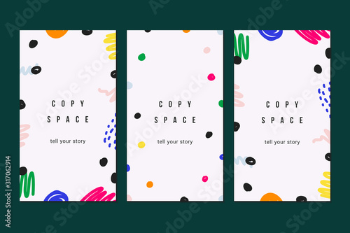 Collection of modern abstract templates for socila media story posting, minimal trendy flat backgrounds with copy space, vertical banners with hand drawn doodle illustrations, creative artistic frames