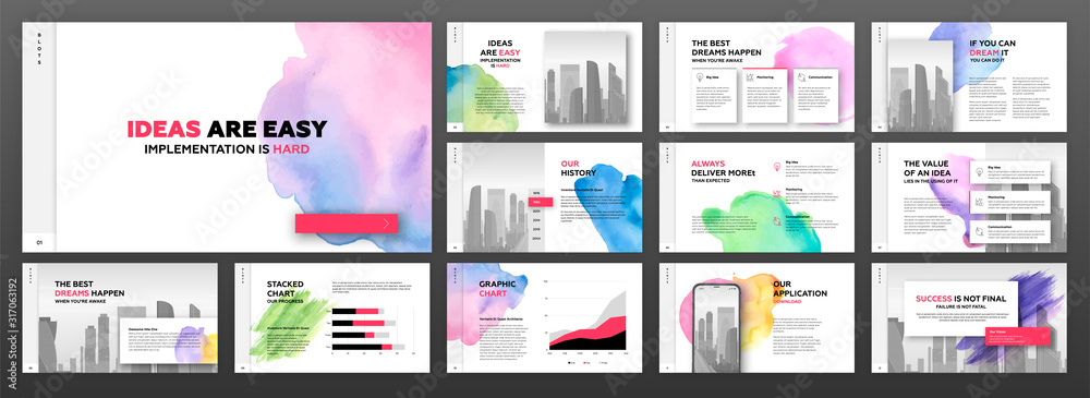 Modern powerpoint presentation templates set for business with colourful watercolour blots and cityscape illustration on background. Artistic keynote template, landing page, horizontal brochure cover - obrazy, fototapety, plakaty 