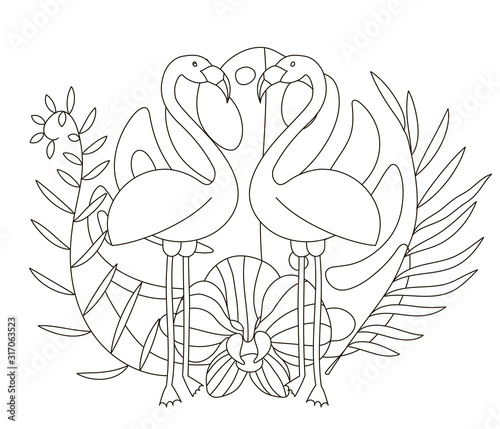Hand drawing coloring pages for children and adults. A beautiful pattern for creativity. Antistress coloring book with tropics. Two flamingos among the leaves, monstera and orchid