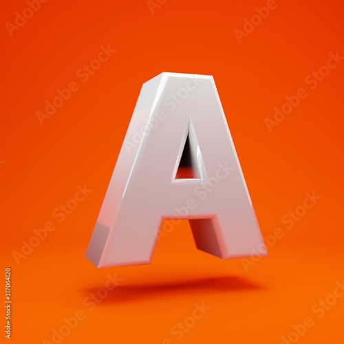 Whithe glossy 3d letter A uppercase on hot orange background. 3D rendering. Best for anniversary, birthday party, celebration.