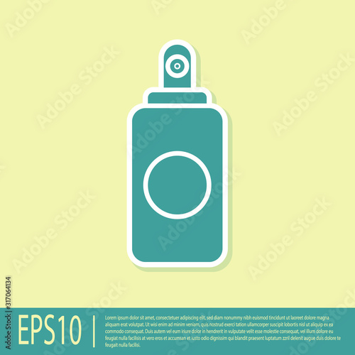 Green Spray can for air freshener, hairspray, deodorant, antiperspirant icon isolated on yellow background. Vector Illustration