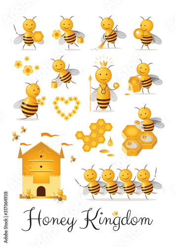 Set of cute cartoon bee castes characters collection honey kingdom clipart