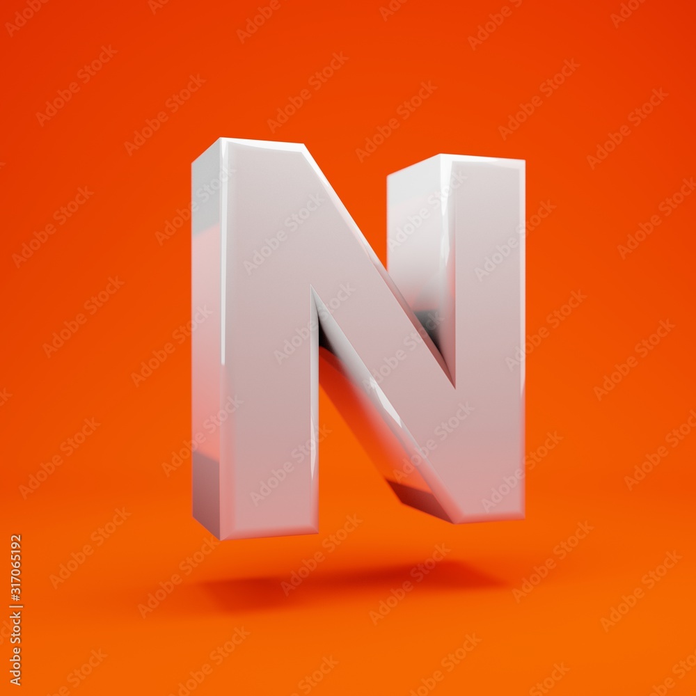 Whithe glossy 3d letter N uppercase on hot orange background. 3D rendering. Best for anniversary, birthday party, celebration.