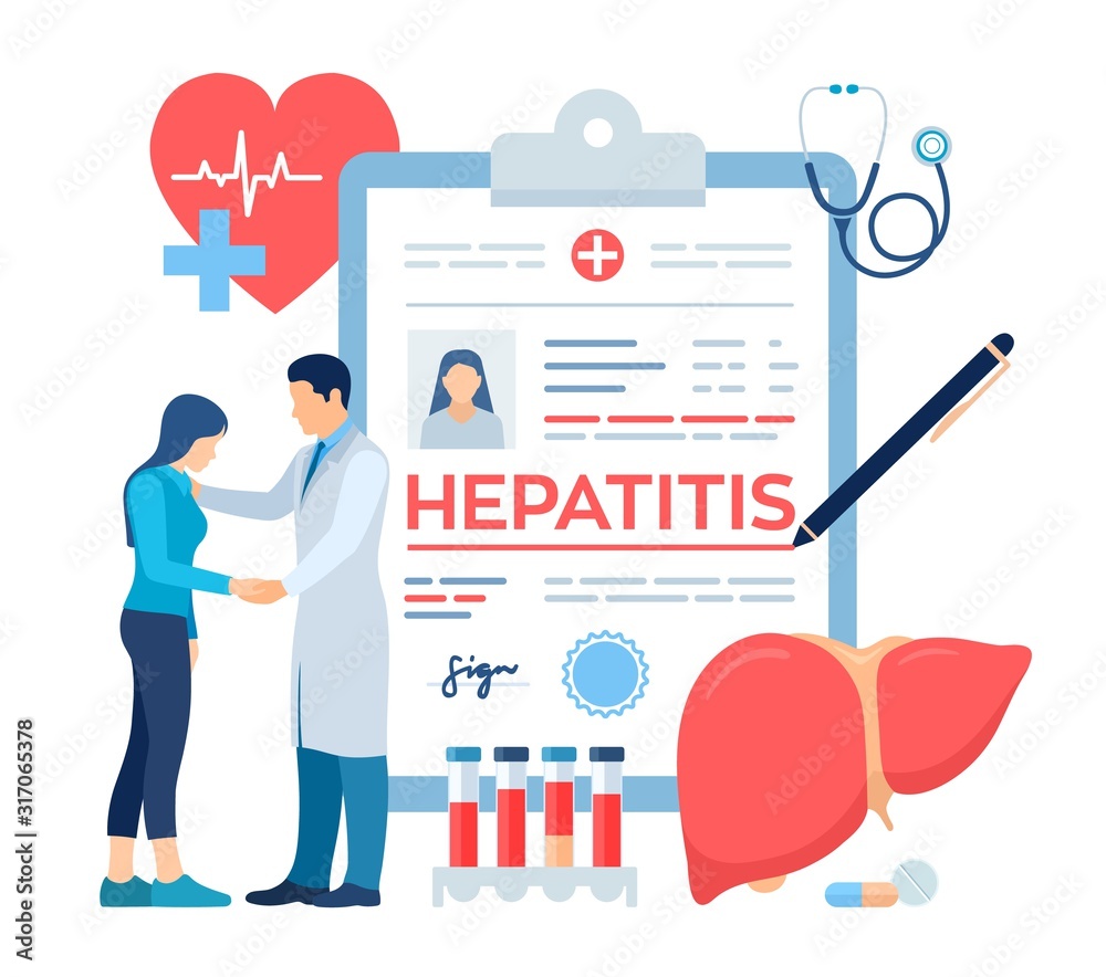 Medical diagnosis - Hepatitis. Concept of hepatitis A, B, C, D, cirrhosis, world hepatitis day. Doctor taking care of patient. Liver Cancer Awareness. Treat the deasesed liver. Vector illustration. - obrazy, fototapety, plakaty 