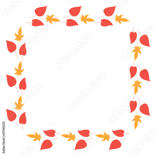 Square frame with cozy horizontal red and orange leaves on white background. Isolated wreath for your design.