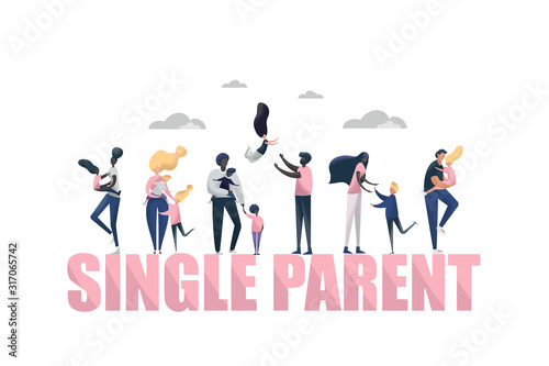 Set of happy diverse ethnicity and race single parents. Cute cartoon characters isolated on white background. Vector illustration in flat style.