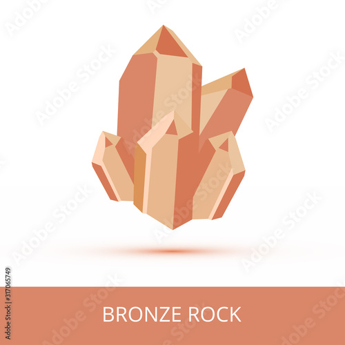 Vector mineralogy icon of bronze rock stone, bronze nugget or bronze ore. Brown glittering crystalline stone or gemstone crystal with shadow isolated on a white background. Icon of expensive jewel.