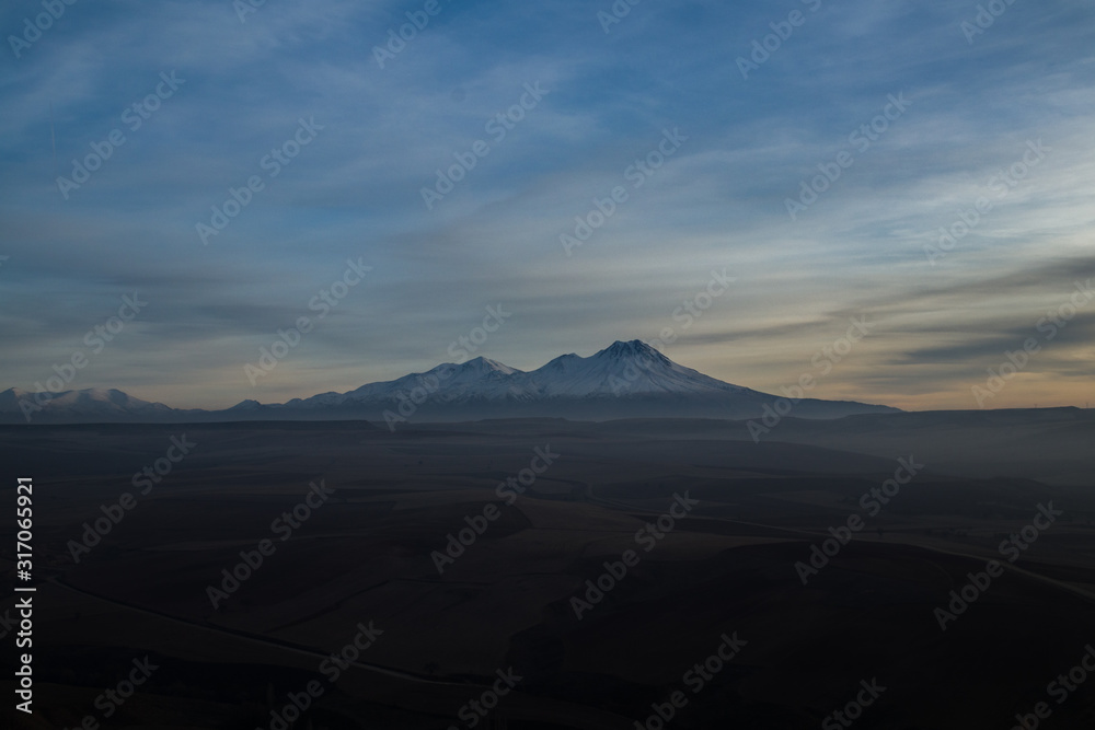 Snowy Mount Hasan Volcano Anatolia Turkey Aksaray Sunset Pink Red Orange Sky