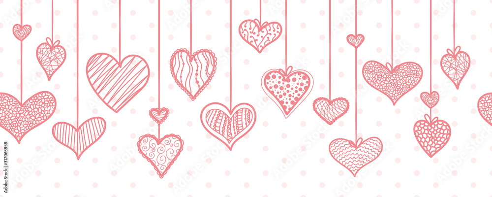Cute hand drawn hanging doodle hearts horizontal seamless pattern, romantic background, great for textiles, valentines day wrapping, banner, wallpaper - vector design