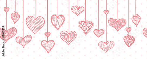 Cute hand drawn hanging doodle hearts horizontal seamless pattern, romantic background, great for textiles, valentines day wrapping, banner, wallpaper - vector design