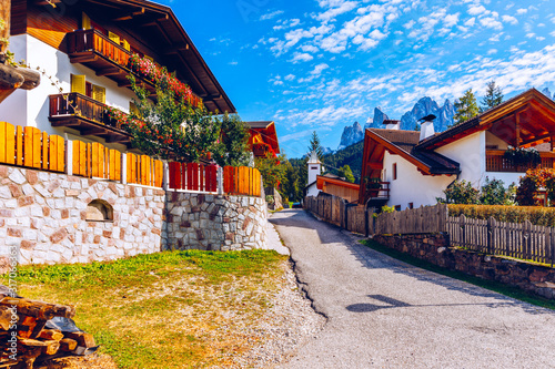 Fototapeta Naklejka Na Ścianę i Meble -  Street view of Santa Maddalena (Santa Magdalena) village, Val di Funes valley, Trentino Alto Adige region, South Tyrol, Italy, Europe. Santa Maddalena Village, Italy.