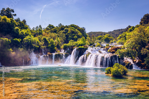 Beautiful Skradinski Buk Waterfall In Krka National Park  Dalmatia  Croatia  Europe. The magical waterfalls of Krka National Park  Split. An incredible place to visit near Split  Croatia.