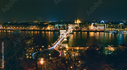 Széchenyi Chain Bridge illuminated at night in Budapest, Hungary