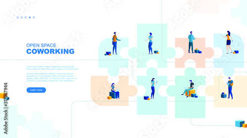 Trendy flat illustration. Open space Coworking page concept. Office workers planing business mechanism, analyze business strategy and exchange ideas.Template for your design works. Vector graphics.