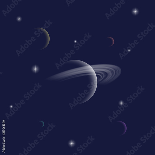 Saturn Planet Abstract Vector Background or Card Template. Shaded Sphere with Lights Circles on Dark Space Background. Transparent Star Astronomy Shapes
