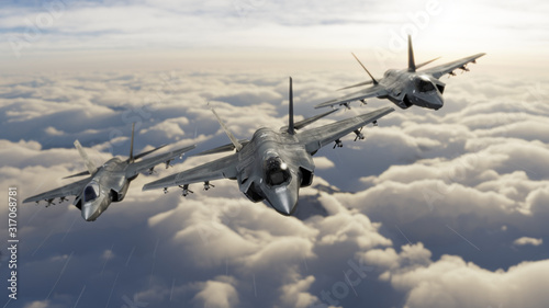 Three F-35 fighter jets flying over clouds in vic formation 3d render photo