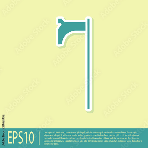 Green Medieval axe icon isolated on yellow background. Battle axe, executioner axe. Medieval weapon. Vector Illustration