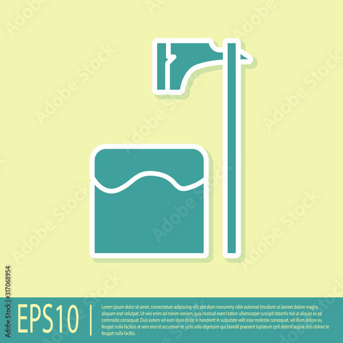 Green Executioner axe in tree block icon isolated on yellow background. Hangman, torturer, executor, tormentor, butcher, headsman. Vector Illustration