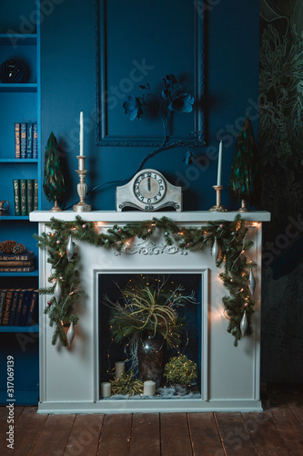 New year living room concept, Christmas style, modern home decoration with fireplace decor and modern new year home design