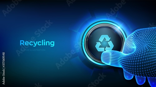 Eco concept with recycling symbol. Recycle - reduce - reuse. Environmental protection. Closeup finger about to press a button with recycling symbol. Just push the button. Vector illustration.