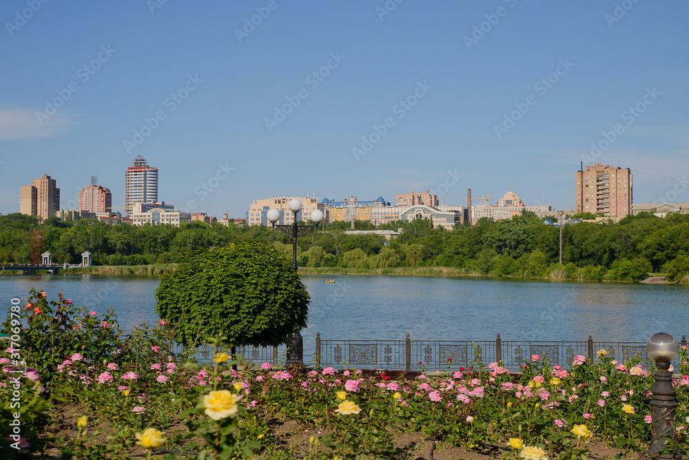 Shcherbakova park with roses in Donetsk, Ukraine