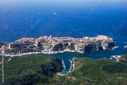 Bonifacio village in Corsica seen from the air on a windy summer afternoon