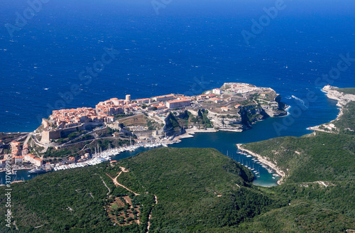 Bonifacio village in Corsica seen from the air on a windy summer afternoon