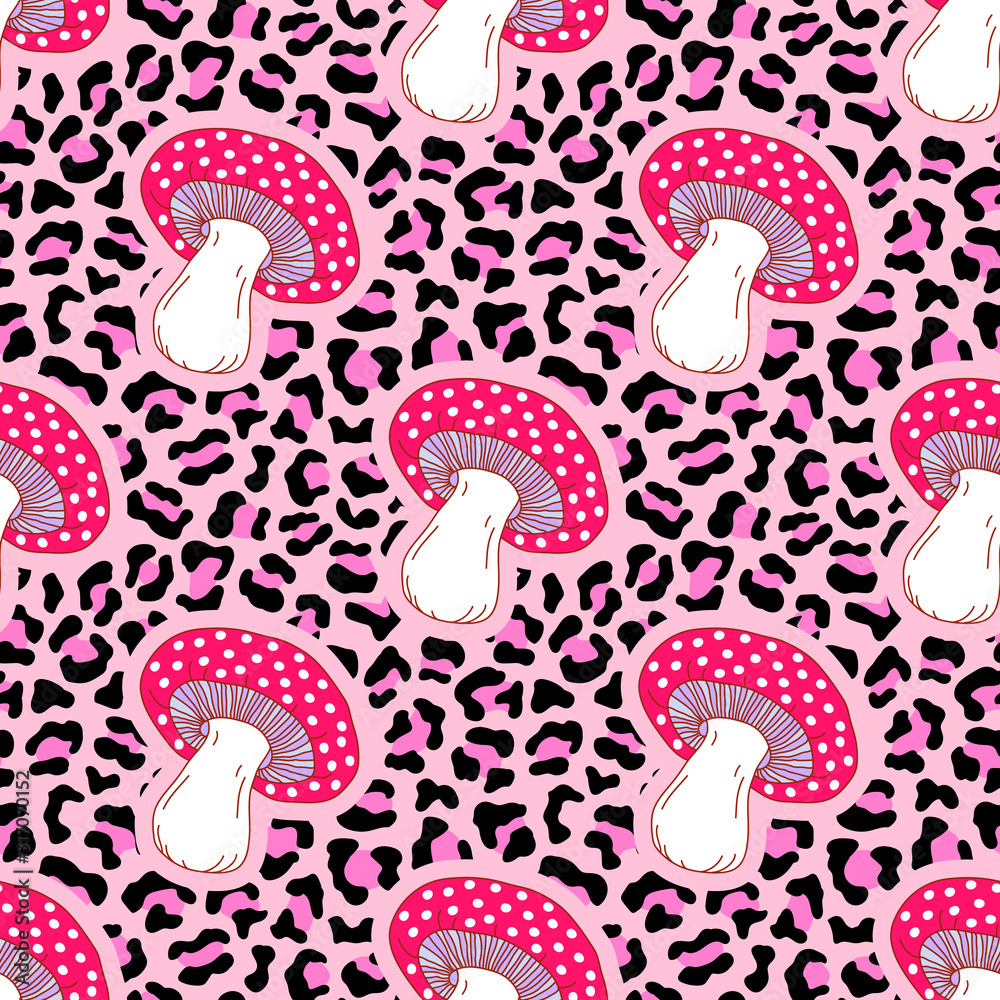 Seamless pattern with hallucinogenic magic mushrooms on crazy leopard  background. Fun acid trip vector wallpaper. Stock Vector | Adobe Stock