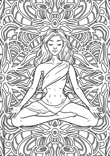 Young meditating yogi woman in lotus pose on mandala background. Adult coloring book page. Vector illustration