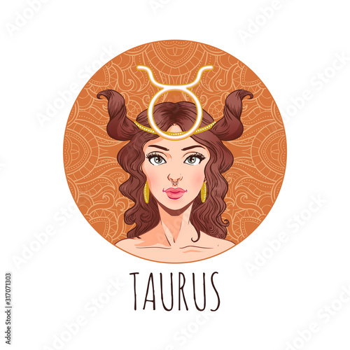 Taurus zodiac sign artwork, beautiful girl face, horoscope symbol, star sign, vector illustration