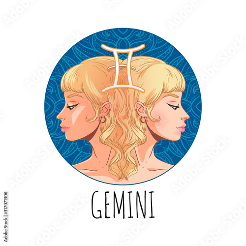 Gemini zodiac sign artwork, beautiful girl face, horoscope symbol, star sign, vector illustration