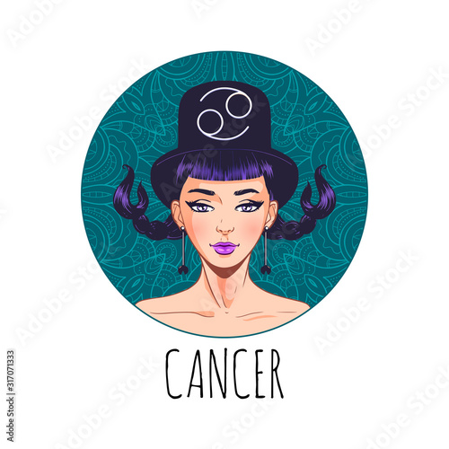 Cancer zodiac sign artwork, beautiful girl face, horoscope symbol, star sign, vector illustration