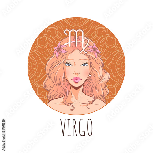 Virgo zodiac sign artwork, beautiful girl face, horoscope symbol, star sign, vector illustration
