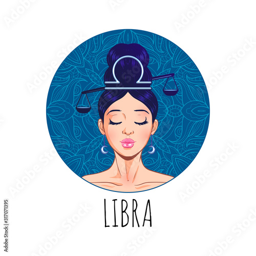 Valokuvatapetti Libra zodiac sign artwork, beautiful girl face, horoscope symbol, star sign, vec