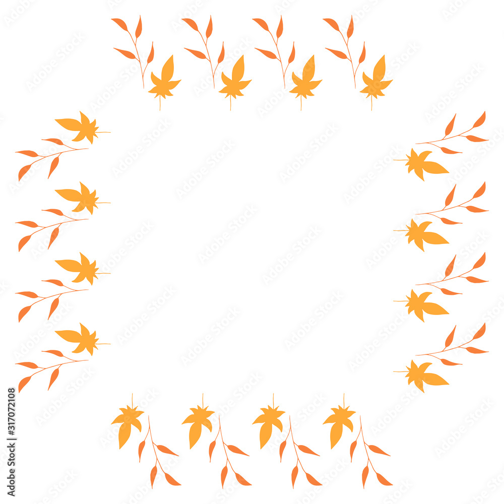 Square frame with vertical orange branches and yellow leaves on white background. Isolated wreath for your design. Square frame with vertical orange branches and yellow leaves on white background. Isolated wreath for your design.
