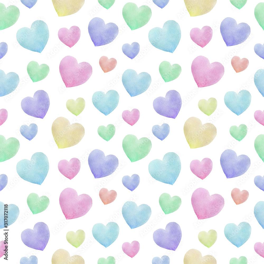 Watercolor seamless pattern with colorful hearts. Valentines background abstract illustration.