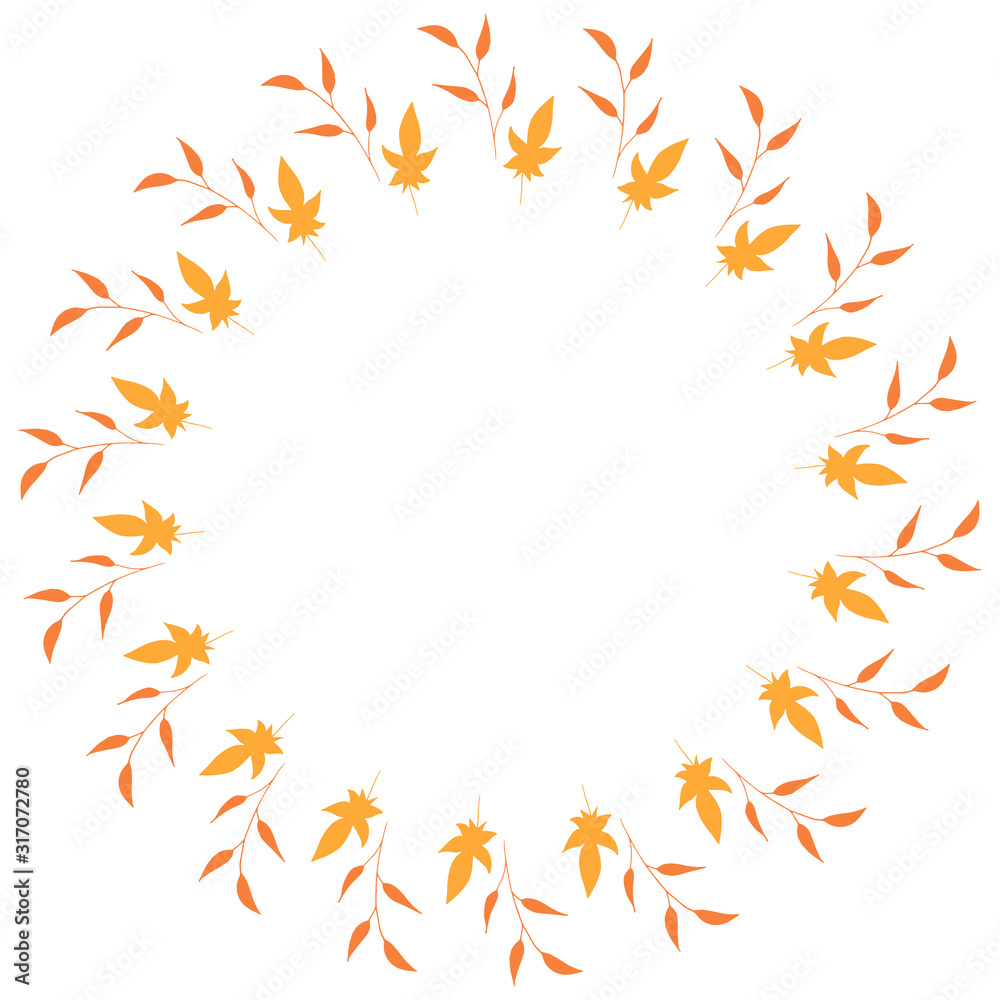 Round frame with vertical orange branches and yellow leaves on white background. Isolated wreath for your design. Round frame with vertical orange branches and yellow leaves on white background. Isolated wreath for your design.