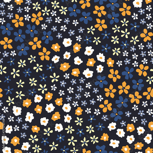 Colorful Ditsy Allover Graphic Daisies Blooms on Black Background Vector Seamless Pattern